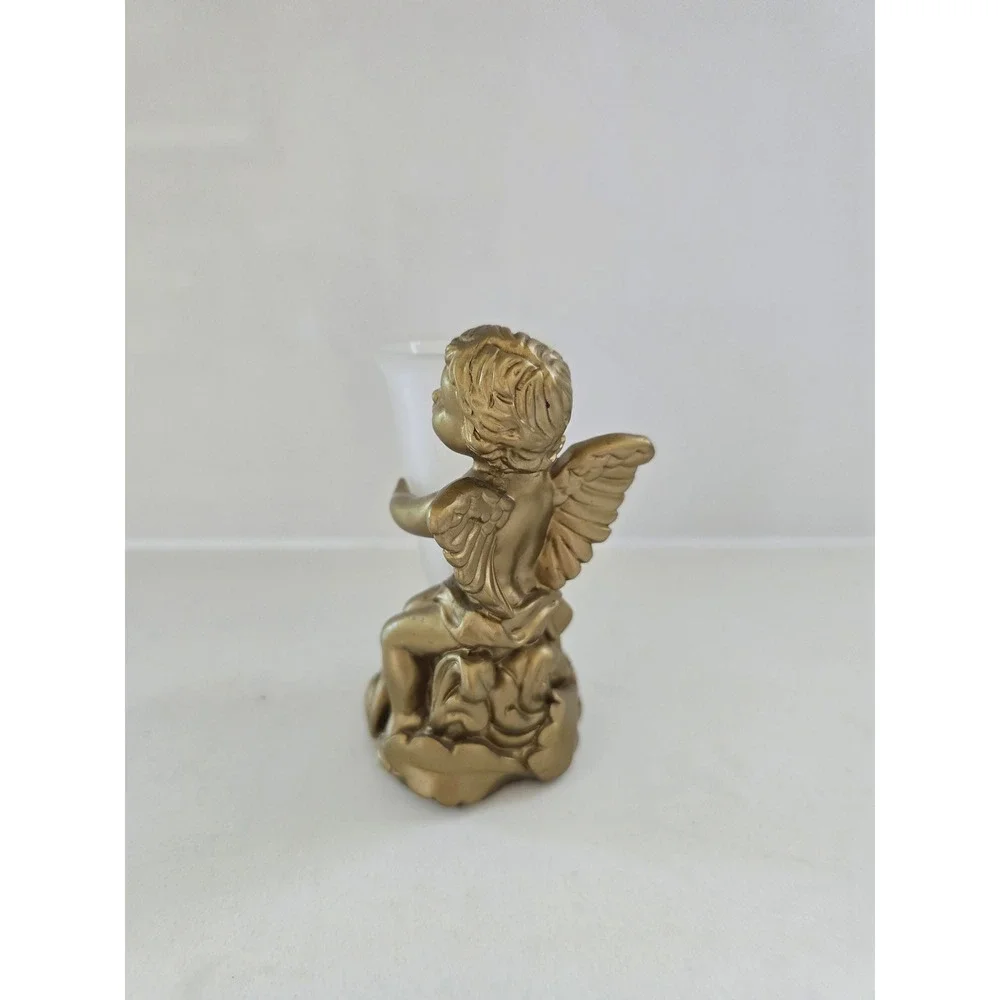 Vintage Gold Cherub Angel Bud Vase Frosted Glass Insert Figurine Decor